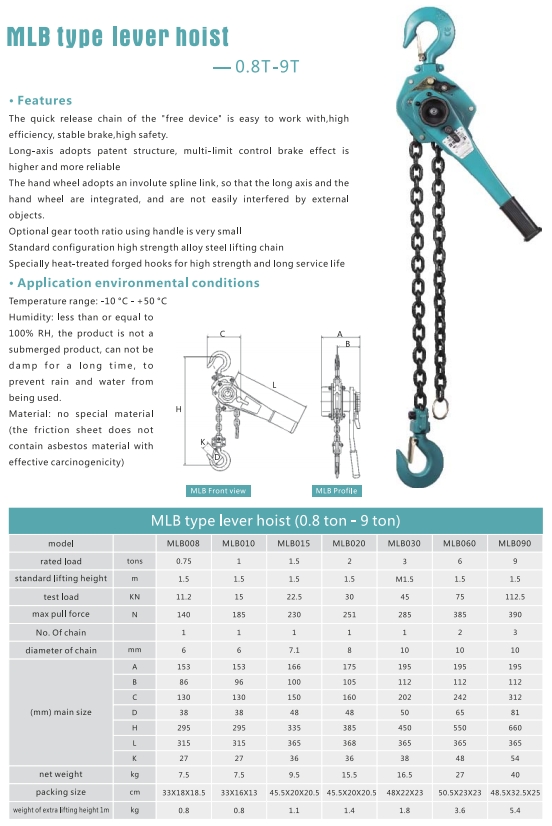 Technical parameters of prototype lever hoist