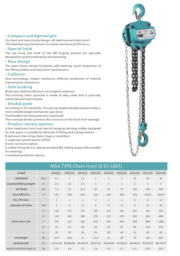 Technical parameters of hand chain hoist